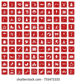 100 happy childhood icons set in grunge style red color isolated on white background vector illustration