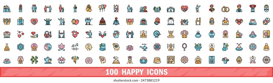 100 iconos felices establecidos. Conjunto de línea de color de iconos de vector feliz línea fina de color plana en blanco