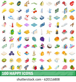 100 happy icons set in isometric 3d style for any design vector illustration