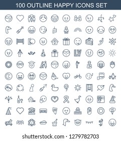 100 happy icons. Trendy happy icons white background. Included outline icons such as showing tongue emot, volleyball player, party flag, laughing emot. happy icon for web and mobile.