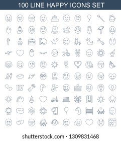 100 happy icons. Trendy happy icons white background. Included line icons such as gift, sad emot, heart, bye emot, angry, emoji, family, cool emot in sunglasses. happy icon for web and mobile.