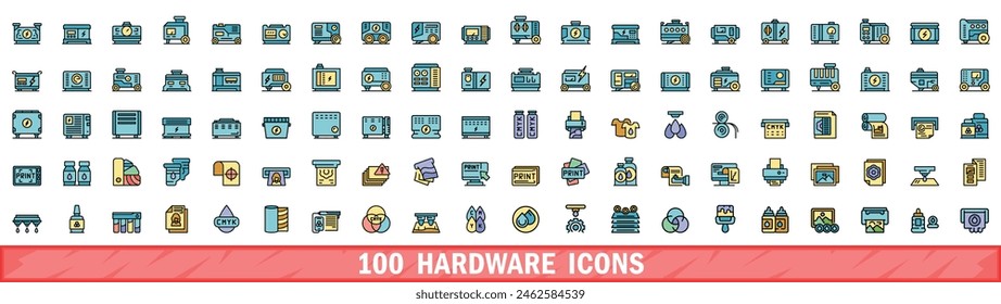 100 hardware icons set. Color line set of hardware vector icons thin line color flat on white