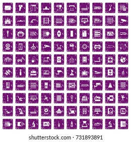 100 hardware icons set in grunge style purple color isolated on white background vector illustration