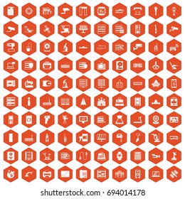 100 hardware icons set in orange hexagon isolated vector illustration