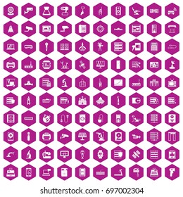 100 hardware icons set in violet hexagon isolated vector illustration