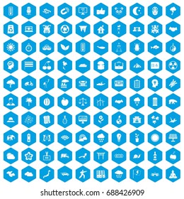 100 harmony icons set in blue hexagon isolated vector illustration