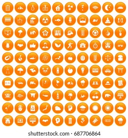 100 harmony icons set in orange circle isolated vector illustration