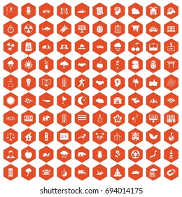100 harmony icons set in orange hexagon isolated vector illustration