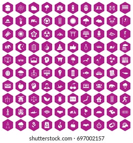 100 harmony icons set in violet hexagon isolated vector illustration