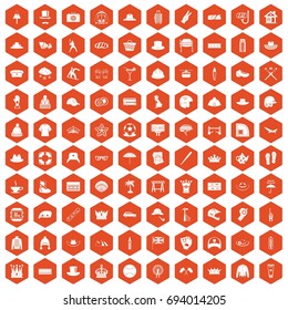 100 hat icons set in orange hexagon isolated vector illustration
