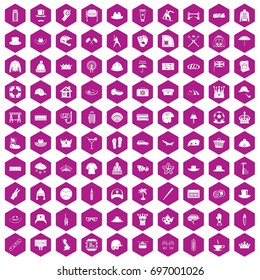 100 hat icons set in violet hexagon isolated vector illustration