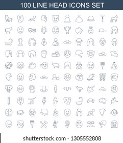 100 head icons. Trendy head icons white background. Included line icons such as thief emot, elephant, mustache and glasses, emot with mustache, ear. head icon for web and mobile.