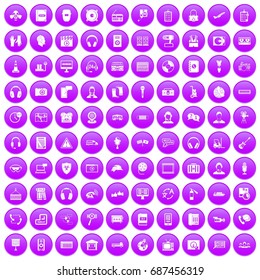 100 headphones icons set in purple circle isolated on white vector illustration