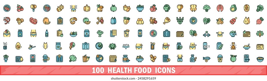 100 health food icons set. Color line set of health food vector icons thin line color flat on white