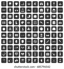 100 health icons set in black color isolated vector illustration