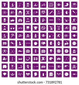 100 health icons set in grunge style purple color isolated on white background vector illustration