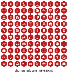 100 health icons set in red hexagon isolated vector illustration