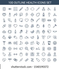 100 health icons. Trendy health icons white background. Included outline icons such as MRI, heart on hand, broken heart, bottle, hands holding heart. health icon for web and mobile.