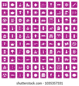 100 healthy lifestyle icons set in grunge style pink color isolated on white background vector illustration