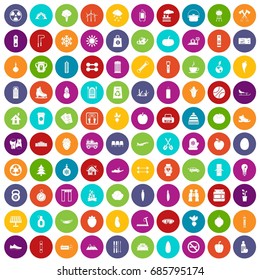 100 healthy lifestyle icons set in different colors circle isolated vector illustration