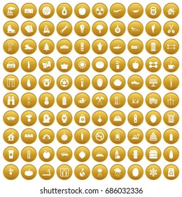 100 healthy lifestyle icons set in gold circle isolated on white vectr illustration