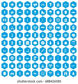 100 healthy lifestyle icons set in blue hexagon isolated vector illustration