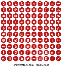 100 healthy lifestyle icons set in red hexagon isolated vector illustration