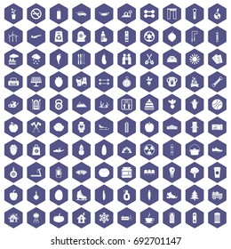 100 healthy lifestyle icons set in purple hexagon isolated vector illustration
