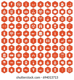 100 healthy lifestyle icons set in orange hexagon isolated vector illustration