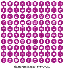100 healthy lifestyle icons set in violet hexagon isolated vector illustration