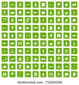 100 healthy lifestyle icons set in grunge style green color isolated on white background vector illustration