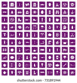 100 healthy lifestyle icons set in grunge style purple color isolated on white background vector illustration