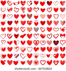 100 Heart icons hand drawn. Vector illustration heart symbol use for design Valentines day, Invitation card, and Wedding.