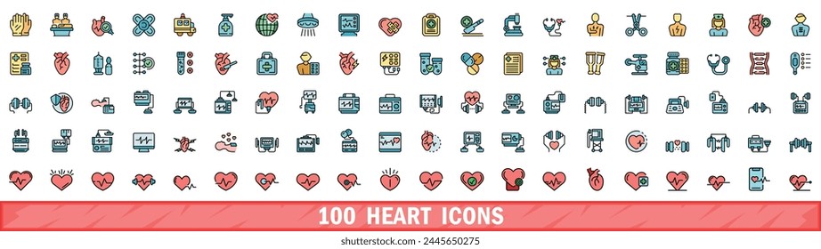 100 heart icons set. Color line set of heart vector icons thin line color flat on white