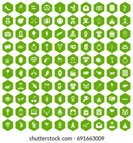 100 heart icons set in green hexagon isolated vector illustration