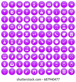 100 heart icons set in purple circle isolated vector illustration