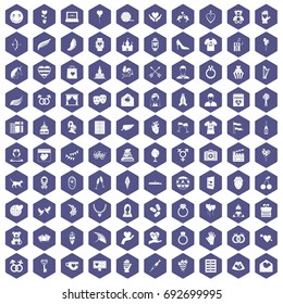 100 heart icons set in purple hexagon isolated vector illustration