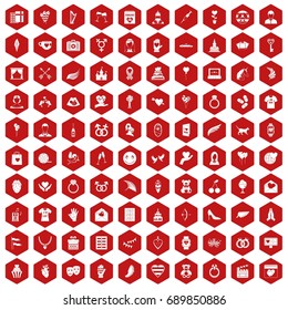 100 heart icons set in red hexagon isolated vector illustration