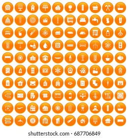 100 heating icons set in orange circle isolated vector illustration