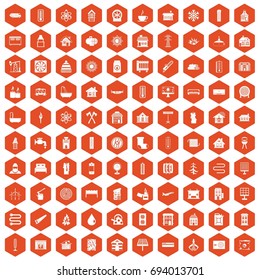 100 heating icons set in orange hexagon isolated vector illustration