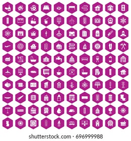 100 heating icons set in violet hexagon isolated vector illustration