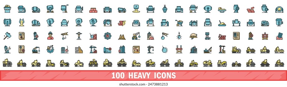 100 heavy icons set. Color line set of heavy vector icons thin line color flat on white