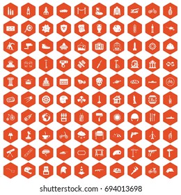 100 helmet icons set in orange hexagon isolated vector illustration