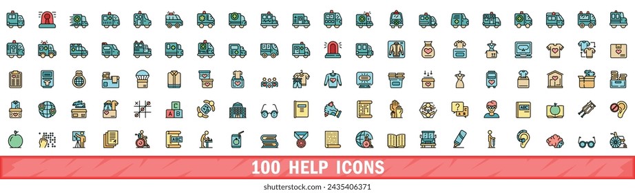 100 help icons set. Color line set of help vector icons thin line color flat on white