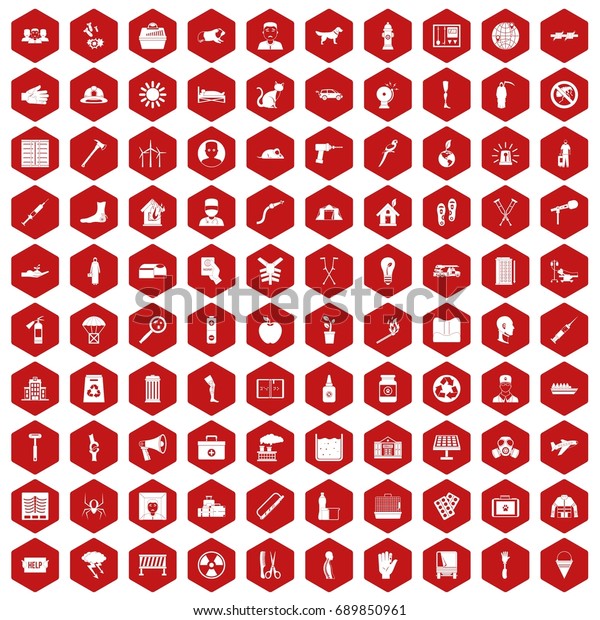 100 help icons set in red hexagon isolated\
vector illustration