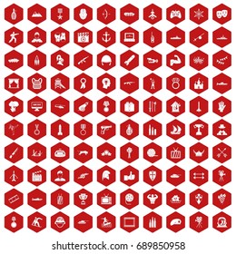 100 hero icons set in red hexagon isolated vector illustration