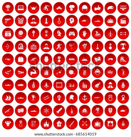 100 hero icons set in red circle isolated on white vectr illustration