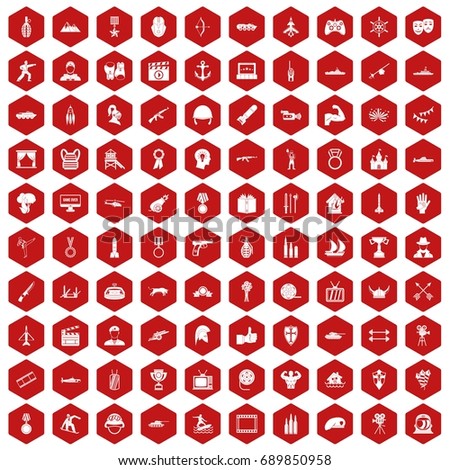 100 hero icons set in red hexagon isolated vector illustration