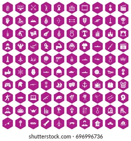 100 hero icons set in violet hexagon isolated vector illustration