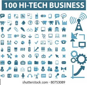 100 High Technology Business Icons, Signs, Vector Illustrations